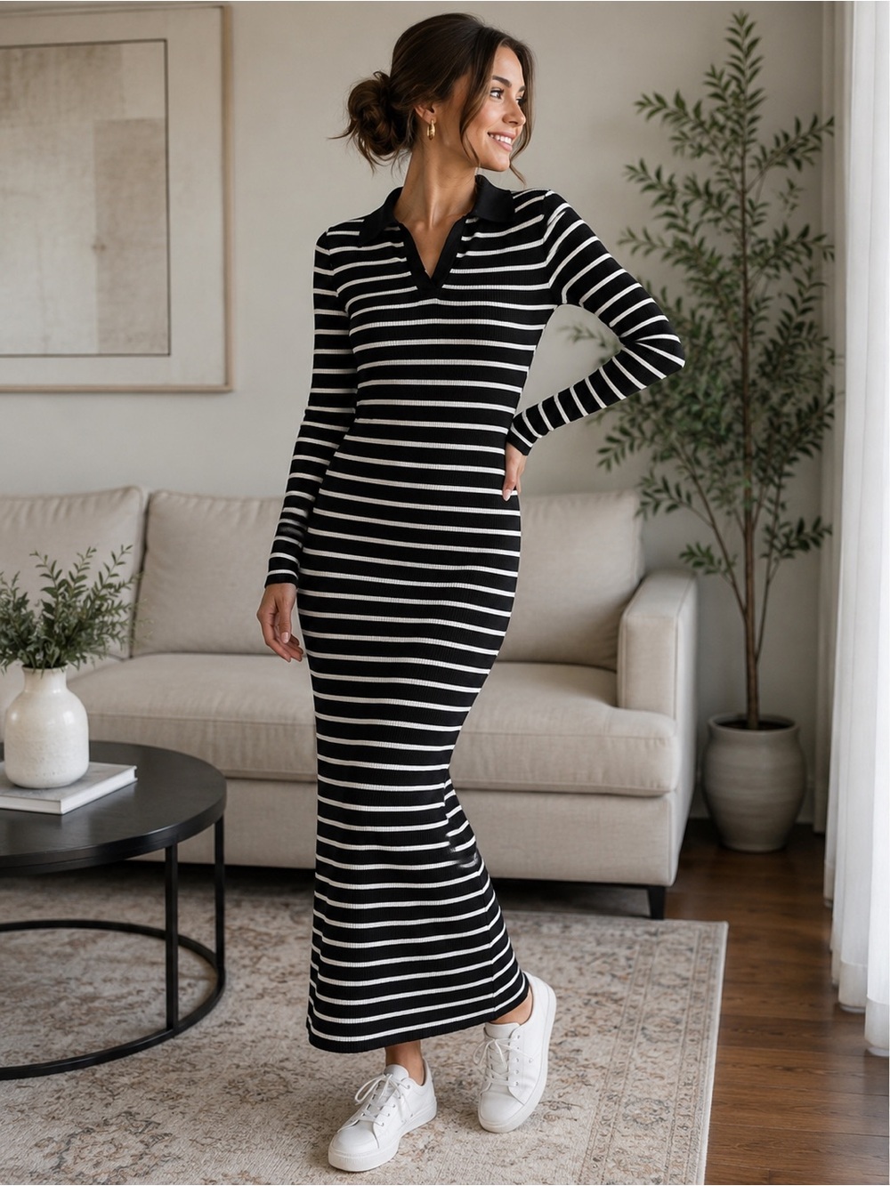 Mirol Black & White Striped Collared Maxi Dress L